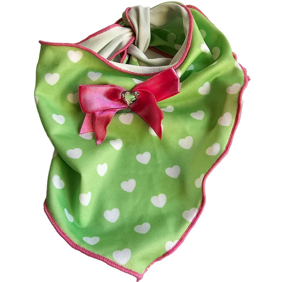 Smoochie Pooch Dog Small Green/White/Pink Polka Dot Heart Bandana Puppy Girls - Picture 1 of 5
